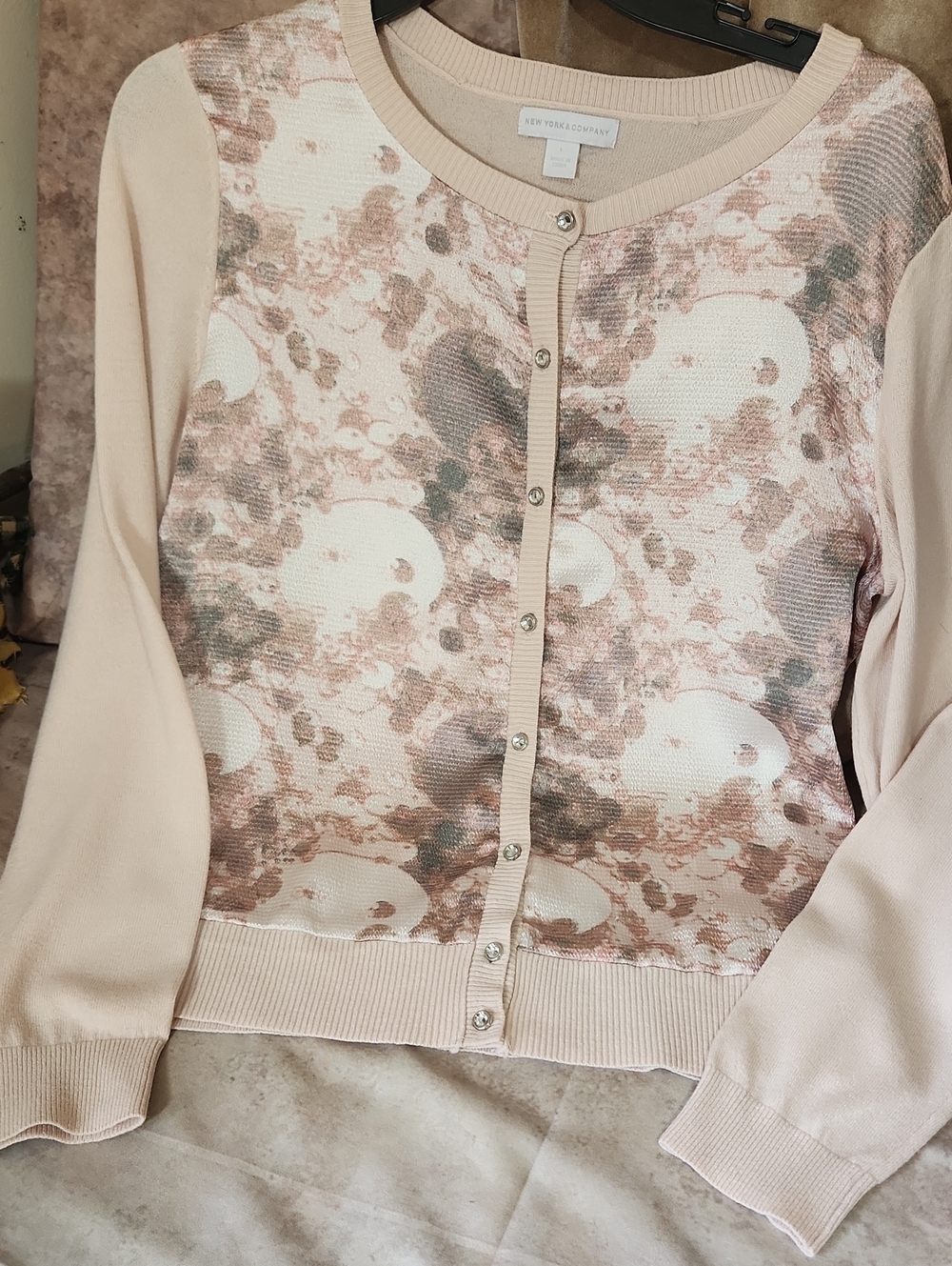 New York & Company Blush Floral-Print Button Cardigan